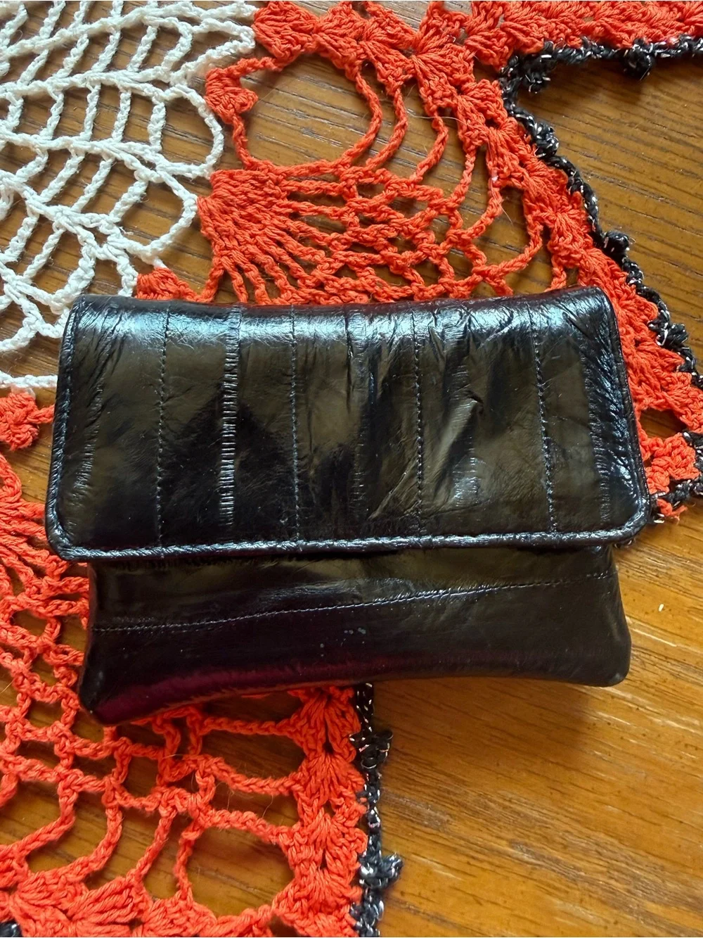 Vintage 80s Black Eel Skin Mini Clutch Coin Purse Made in Korea